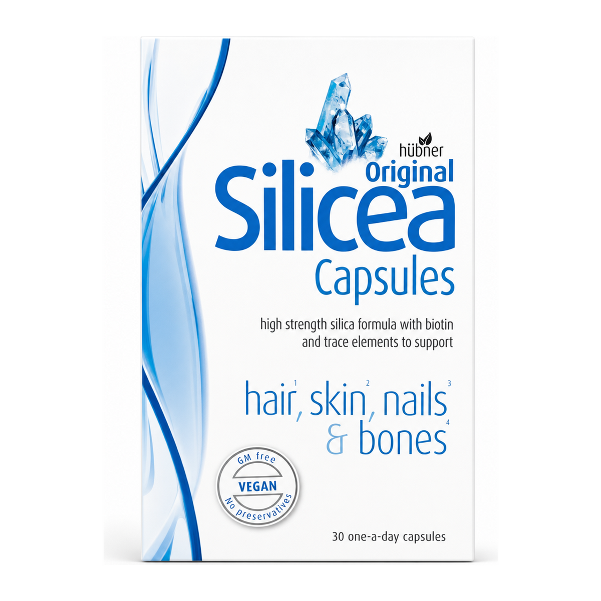 Hubner SILICEA Hair Skin and Nails 30 Caps by Hübner Natural Remedies — front view showing product label and branding, studio product photo on white background