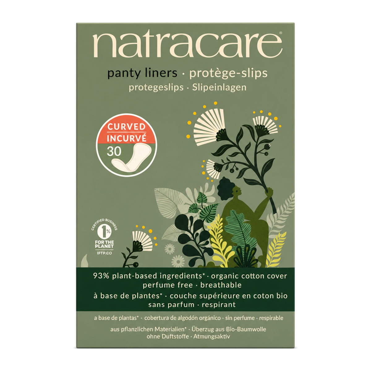 Natracare Natural Pantyliners Curved x 30 by Natracare Natural Beauty — front view showing product label and branding, studio product photo on white background
