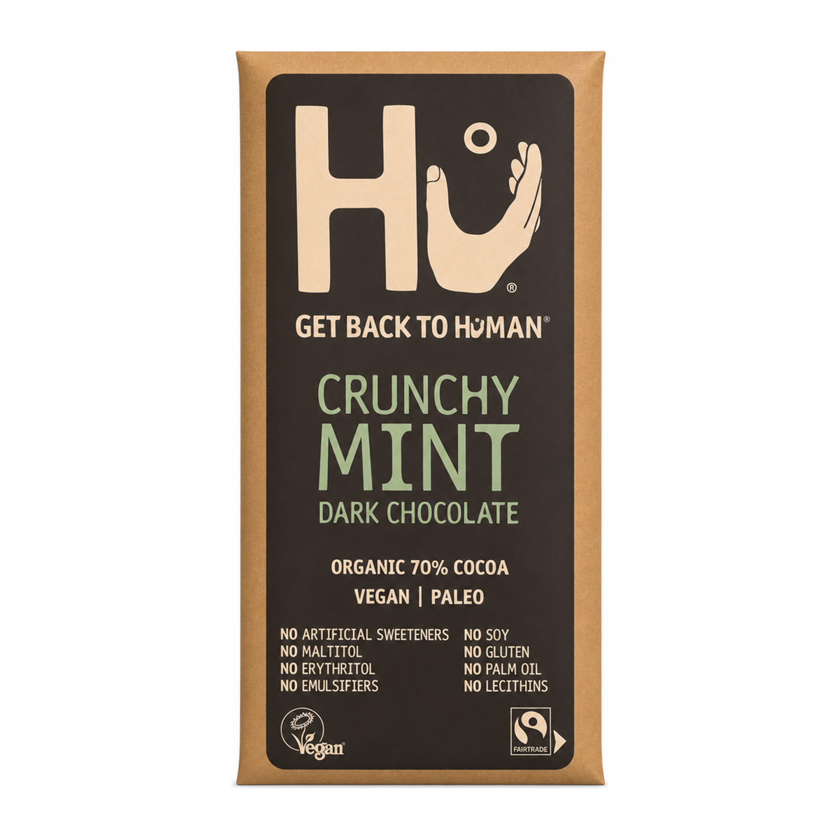 Hu Crunchy Mint Dark Chocolate Bar by Hu Food & Drinks — front view showing product label and branding, studio product photo on white background