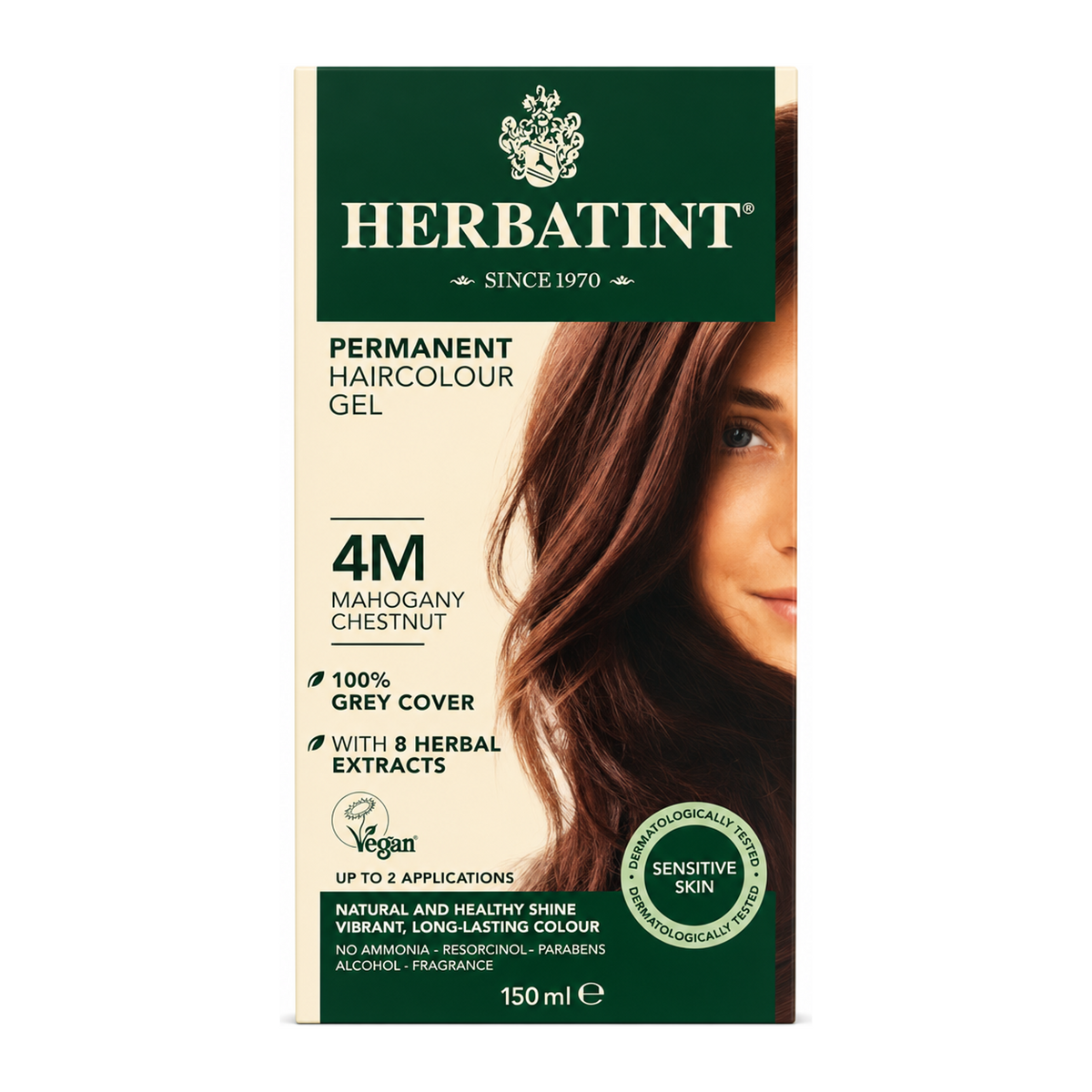 Herbatint Mahogany Chestnut Ammonia Free hair Colour 4M by Herbatint Natural Beauty — front view showing product label and branding, studio product photo on white background