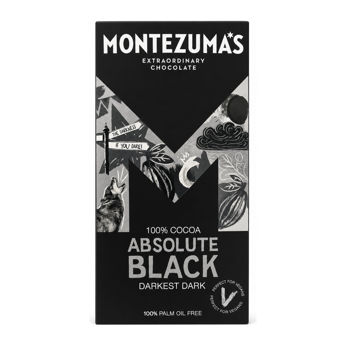 Montezuma's Dark Chocolate Absolute Black 100% Cocoa by Montezuma's Food & Drinks — front view showing product label and branding, studio product photo on white background