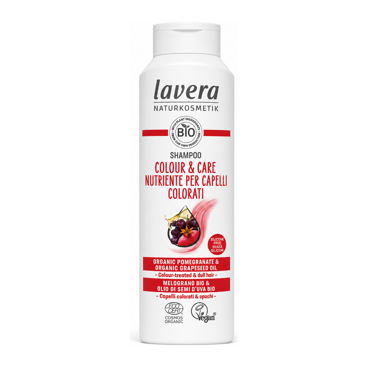 Lavera Colour & Care Shampoo by Lavera Natural Beauty — front view showing product label and branding, studio product photo on white background