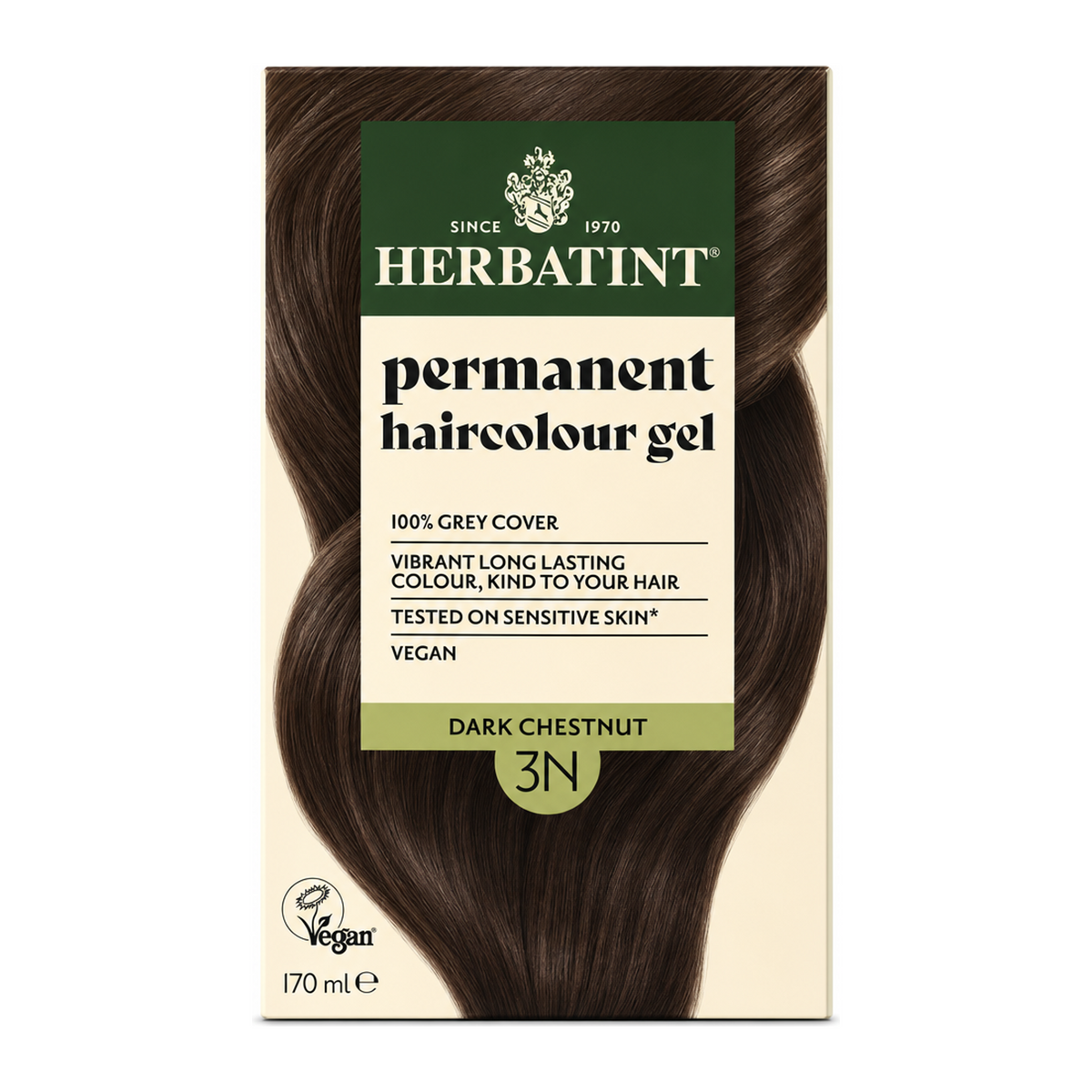 Herbatint Dark Chestnut Ammonia Free hair Colour 3N by Herbatint Natural Beauty — front view showing product label and branding, studio product photo on white background