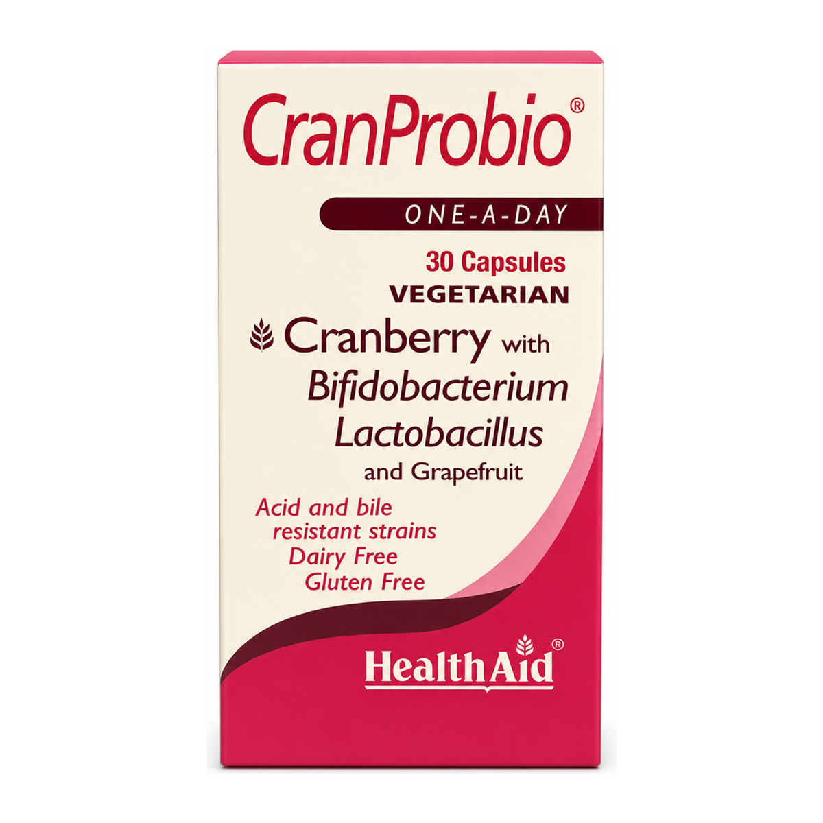 HealthAid Cranprobio (Cranberry Probiotic 5 Billion) - 30 Vegicaps by HealthAid Natural Remedies — front view showing product label and branding, studio product photo on white background
