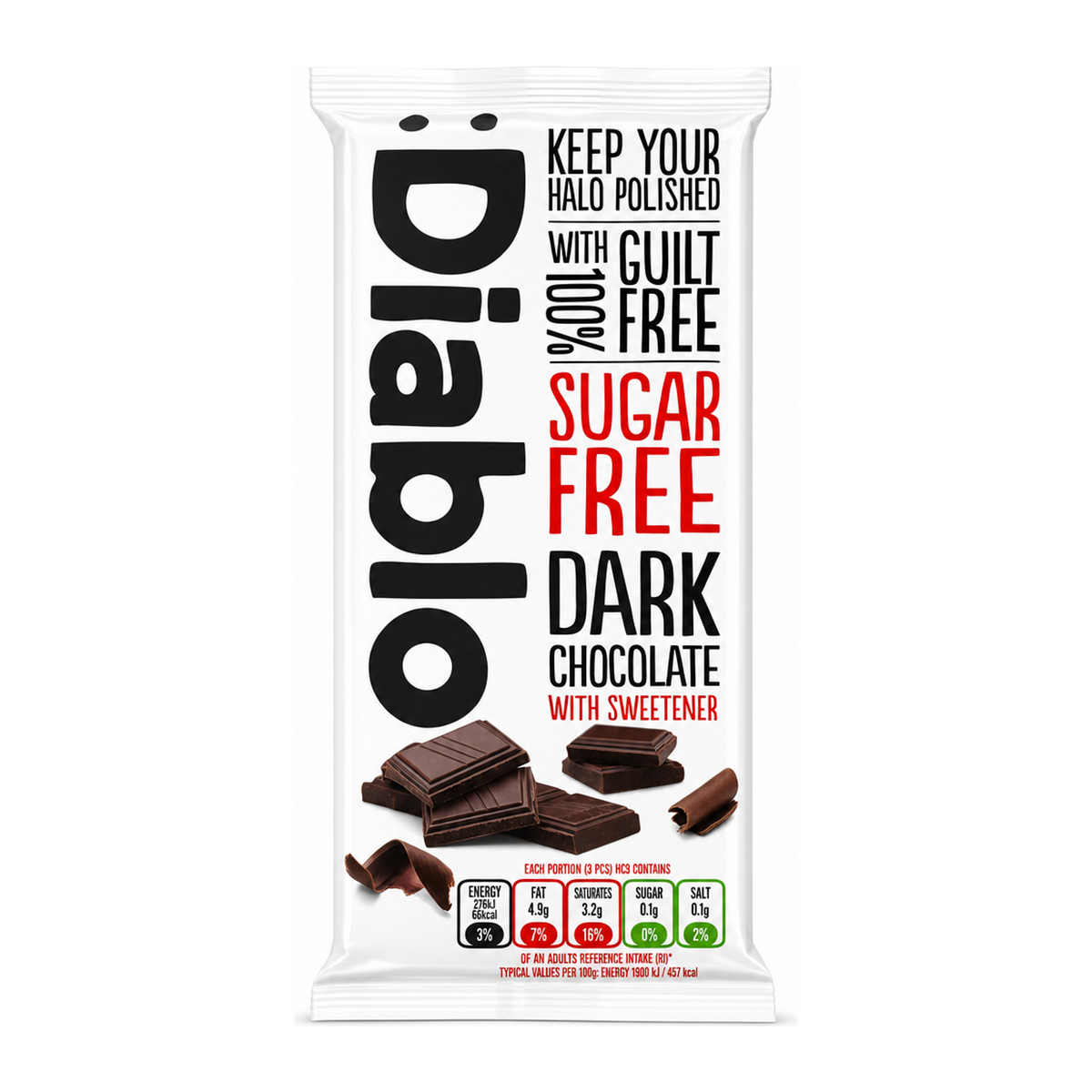 Diablo Sugar Free Dark Chocolate Bar by Diablo Food & Drinks — front view showing product label and branding, studio product photo on white background