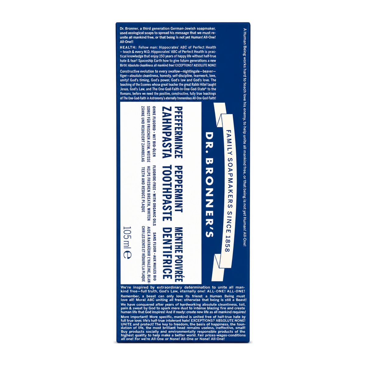 Dr. Bronner's Peppermint Toothpaste by Dr. Bronner's Natural Beauty — front view showing product label and branding, studio product photo on white background