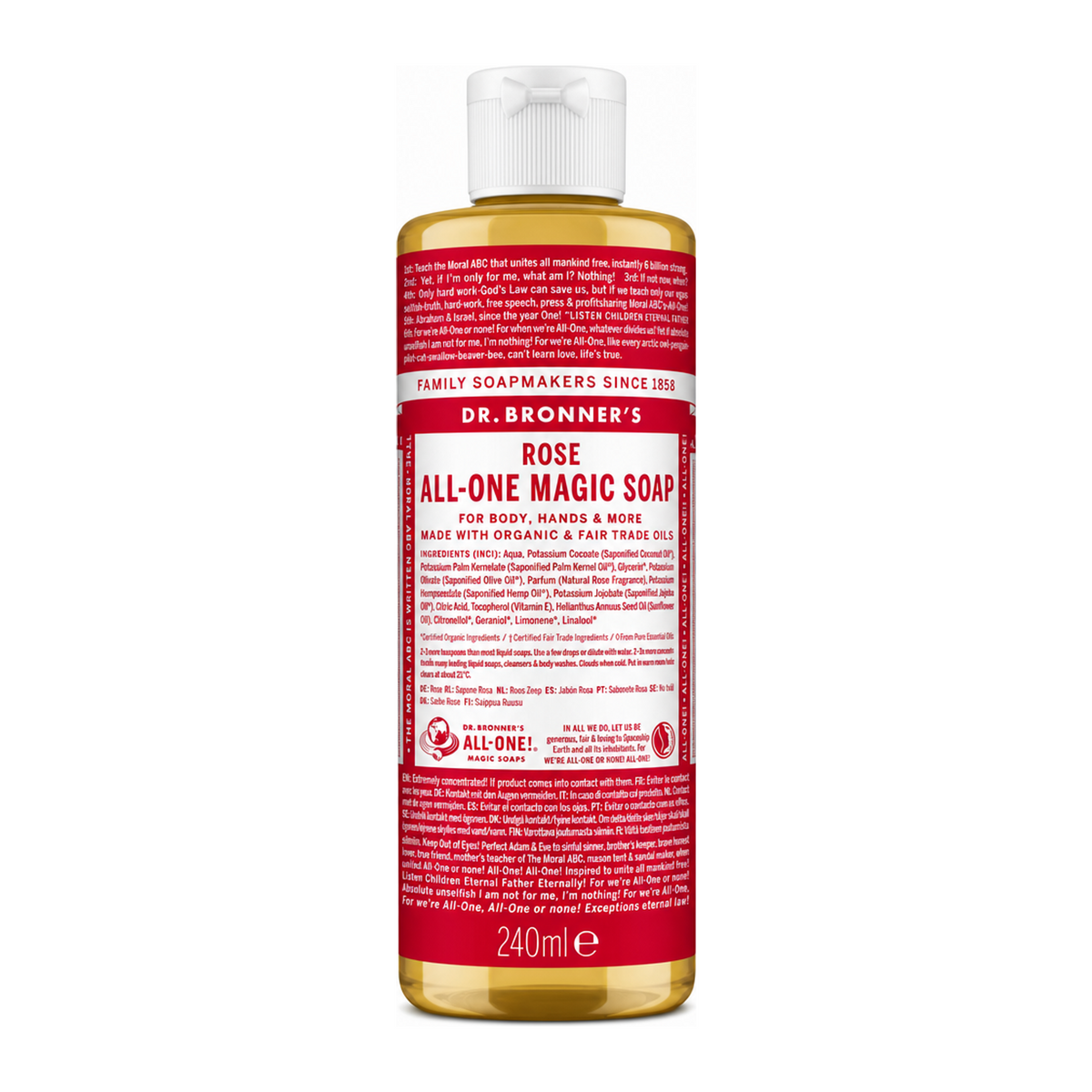 Dr Bronner's Organic Rose All-One Magic Soap by Dr. Bronner's Natural Beauty — front view showing product label and branding, studio product photo on white background