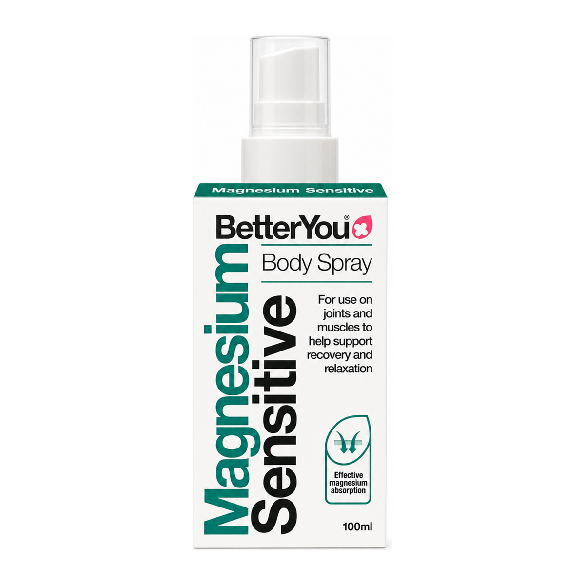 BetterYou Magnesium Oil Sensitive Spray by BetterYou Natural Remedies — front view showing product label and branding, studio product photo on white background