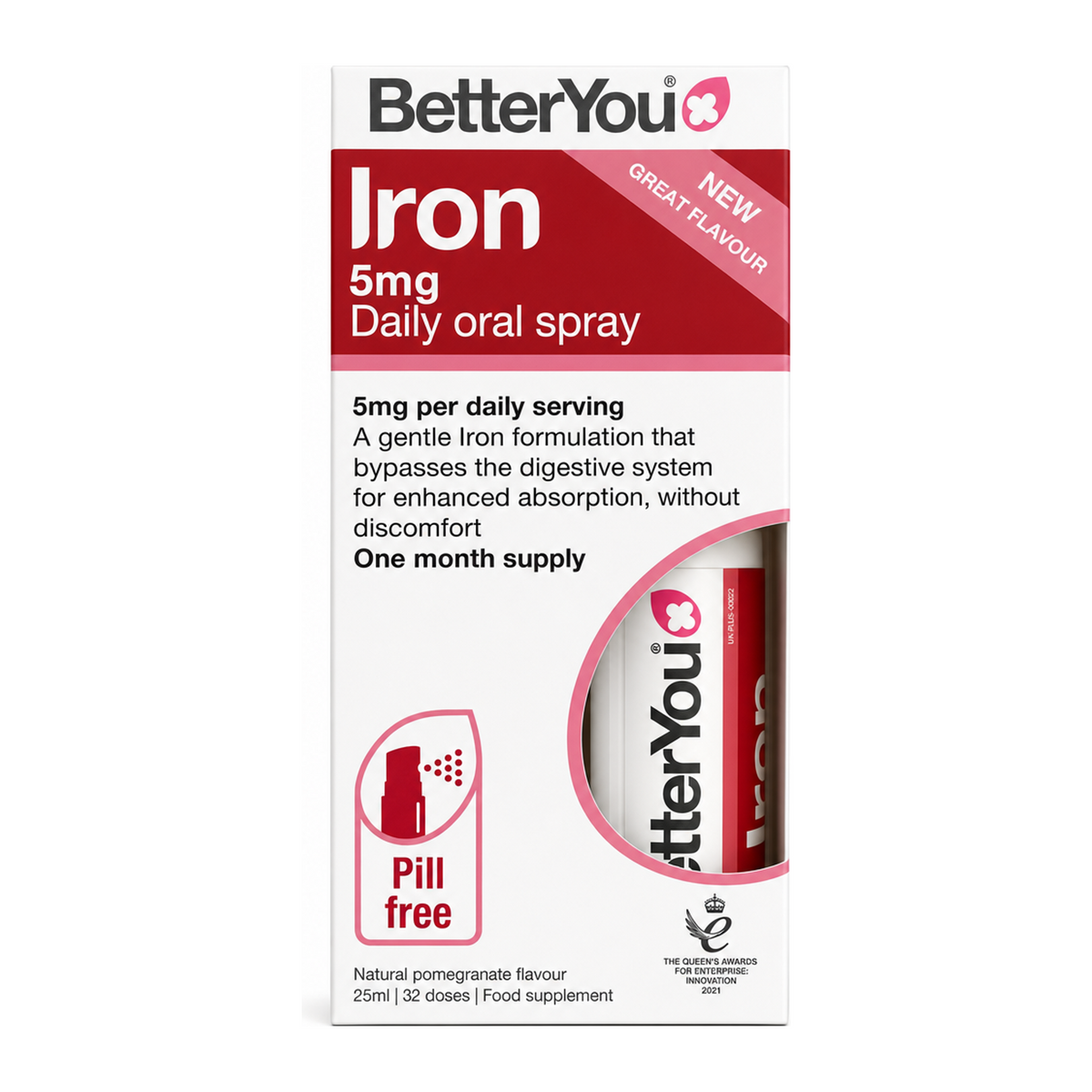 BetterYou Iron 5 Daily Oral Spray by BetterYou Natural Remedies — front view showing product label and branding, studio product photo on white background