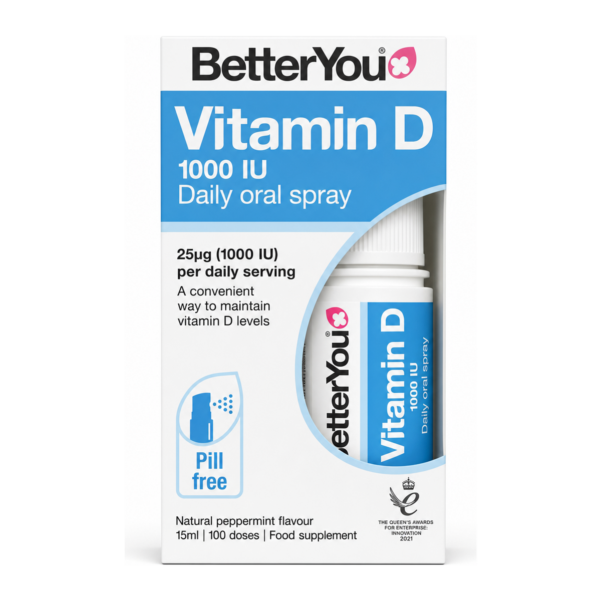 BetterYou D1000 Vitamin D Daily Oral Spray by BetterYou Natural Remedies — front view showing product label and branding, studio product photo on white background