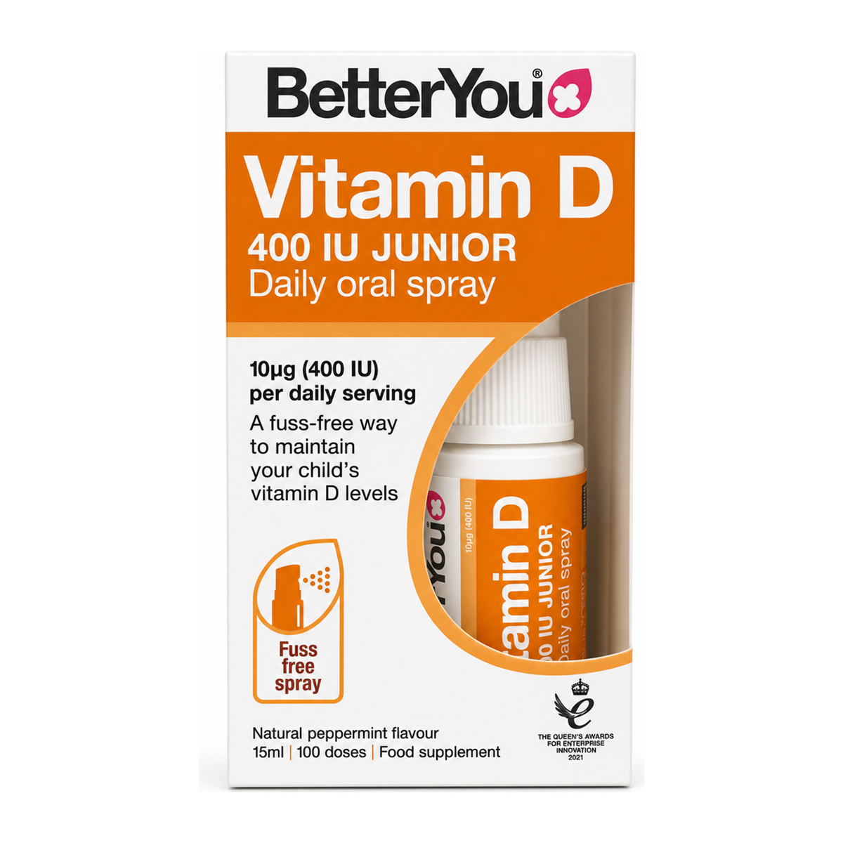 BetterYou D400 Junior Vitamin D Daily Oral Spray by BetterYou Natural Remedies — front view showing product label and branding, studio product photo on white background