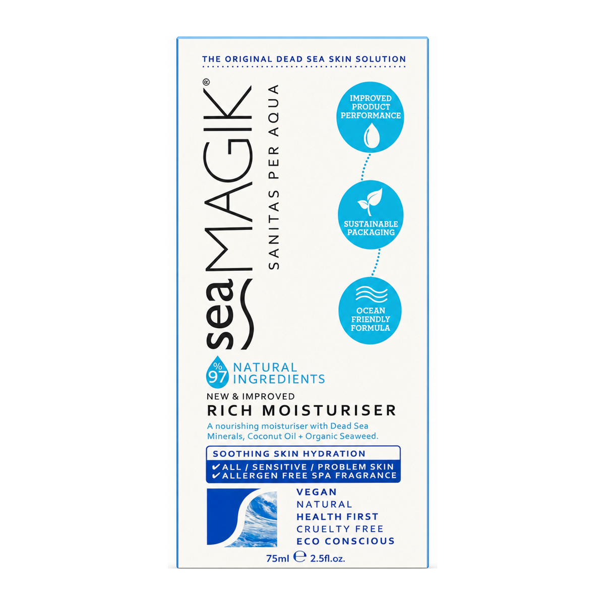 Dead Sea Spa Magik Rich Moisturiser by Sea Magik Natural Beauty — front view showing product label and branding, studio product photo on white background