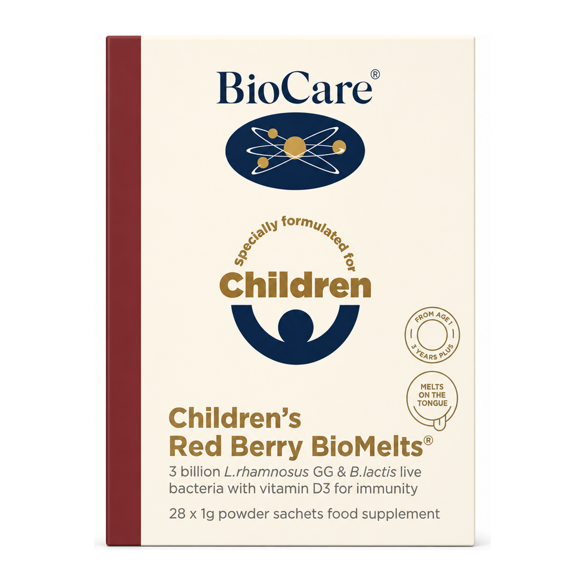 Biocare Children's Red Berry BioMelts - 28 Sachets by BioCare Natural Remedies — front view showing product label and branding, studio product photo on white background