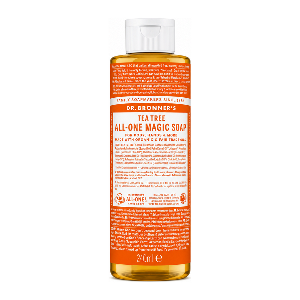 Dr. Bronner's Tea Tree All-One Magic Organic Soap by Dr. Bronner's Natural Beauty — front view showing product label and branding, studio product photo on white background