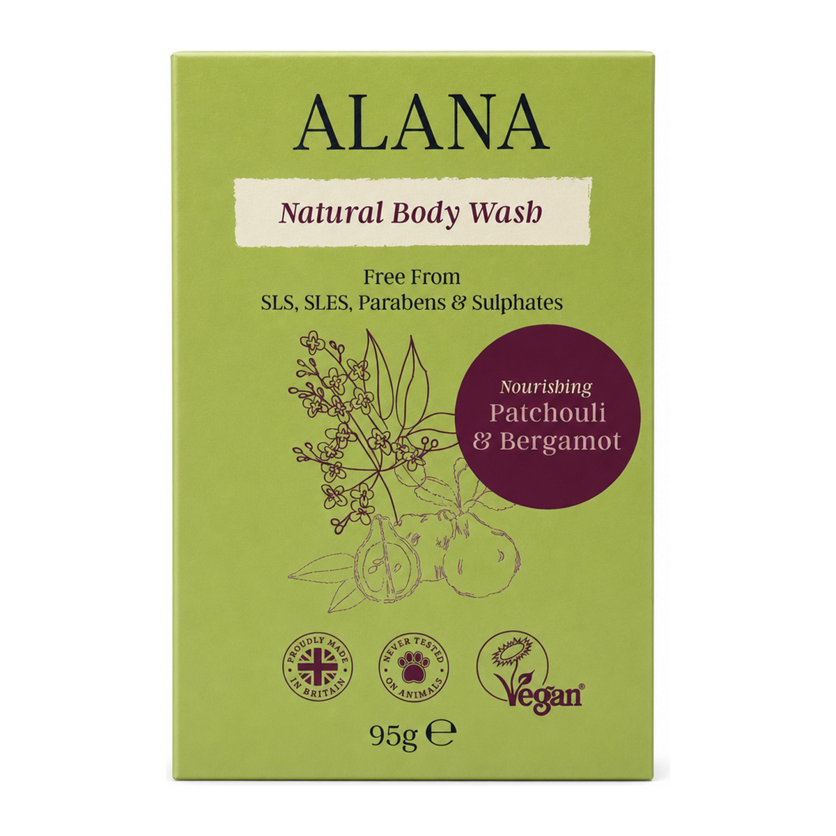 Alana Patchouli & Bergamot Natural Body Wash Bar by Alana Natural Beauty — front view showing product label and branding, studio product photo on white background