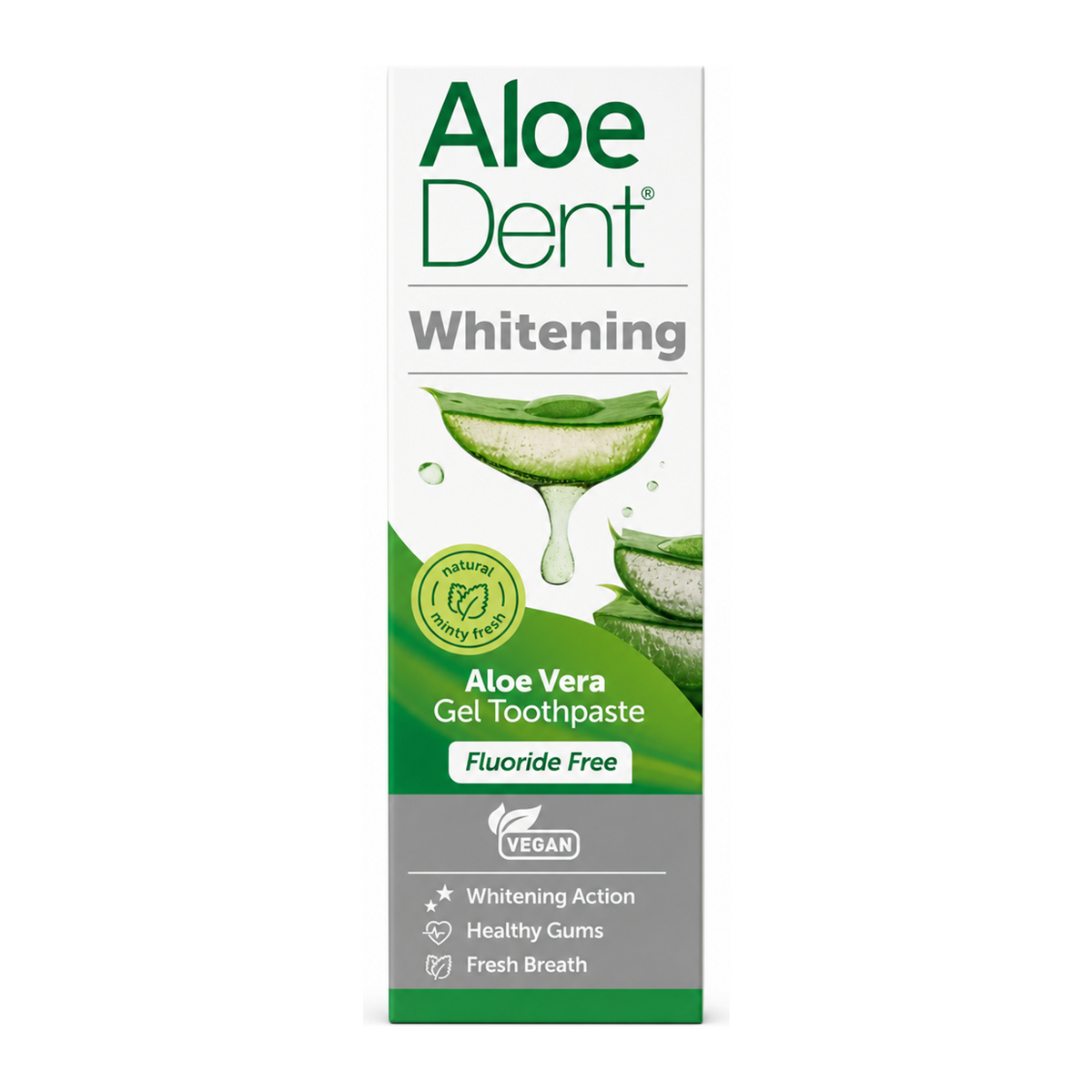 Aloe Dent Whitening Aloe Vera Toothpaste + Silica Mint by AloeDent Natural Beauty — front view showing product label and branding, studio product photo on white background