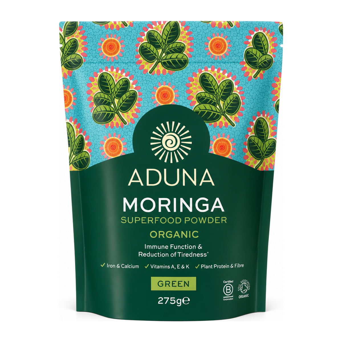 Aduna Moringa Superleaf Powder by Aduna Natural Remedies — front view showing product label and branding, studio product photo on white background