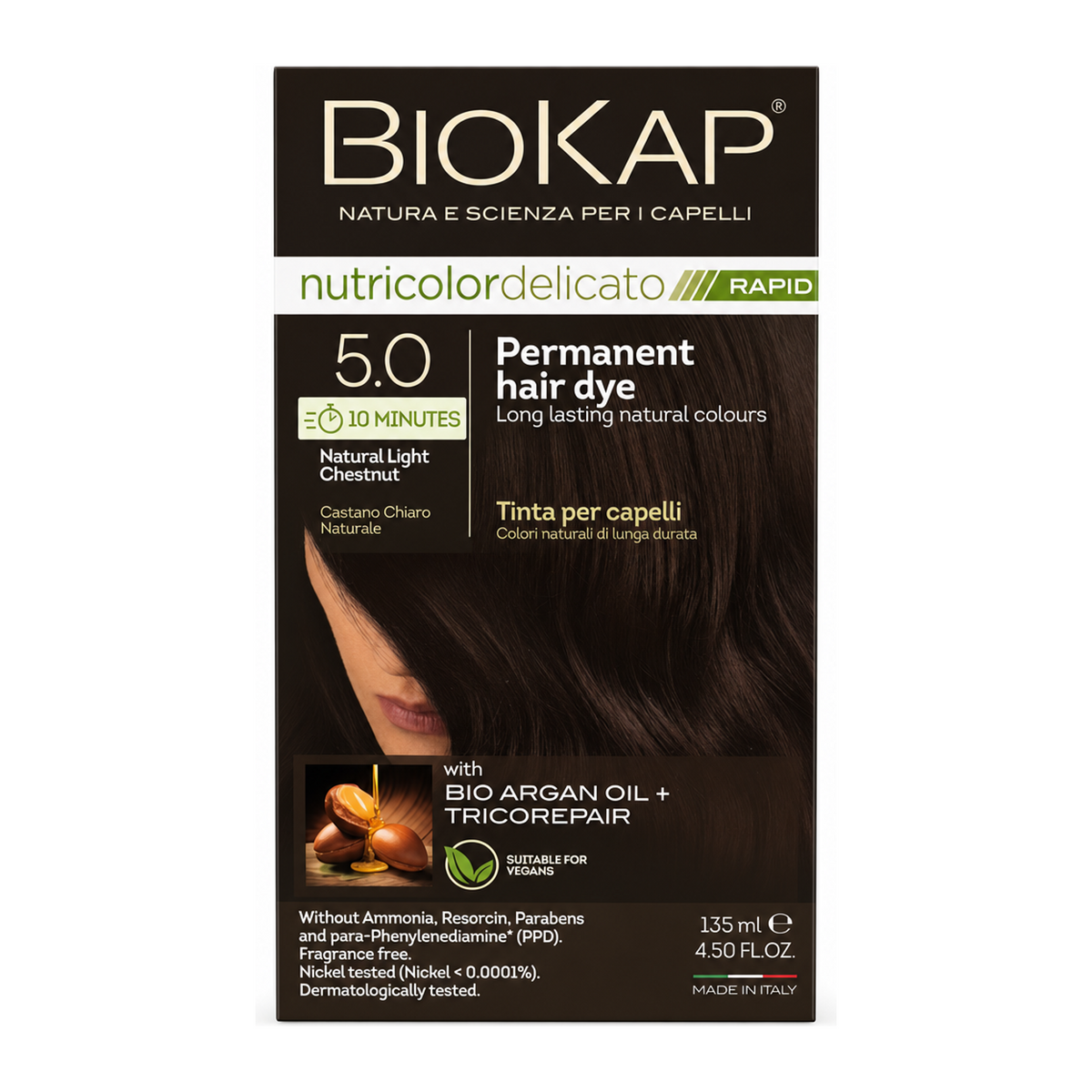 BioKap Natural Light Chestnut 5.0 Rapid Permanent Hair Dye by BioKap Natural Beauty — front view showing product label and branding, studio product photo on white background