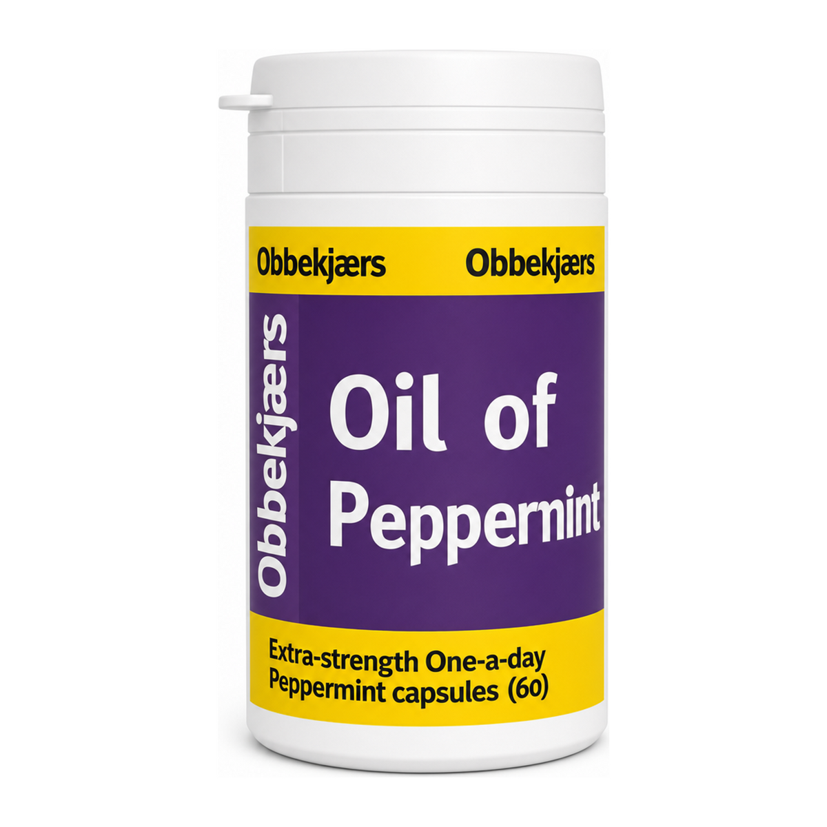 Obbekjaers Extra Strength OAD Oil of Peppermint Capsules by Obbekjaers Natural Remedies — front view showing product label and branding, studio product photo on white background