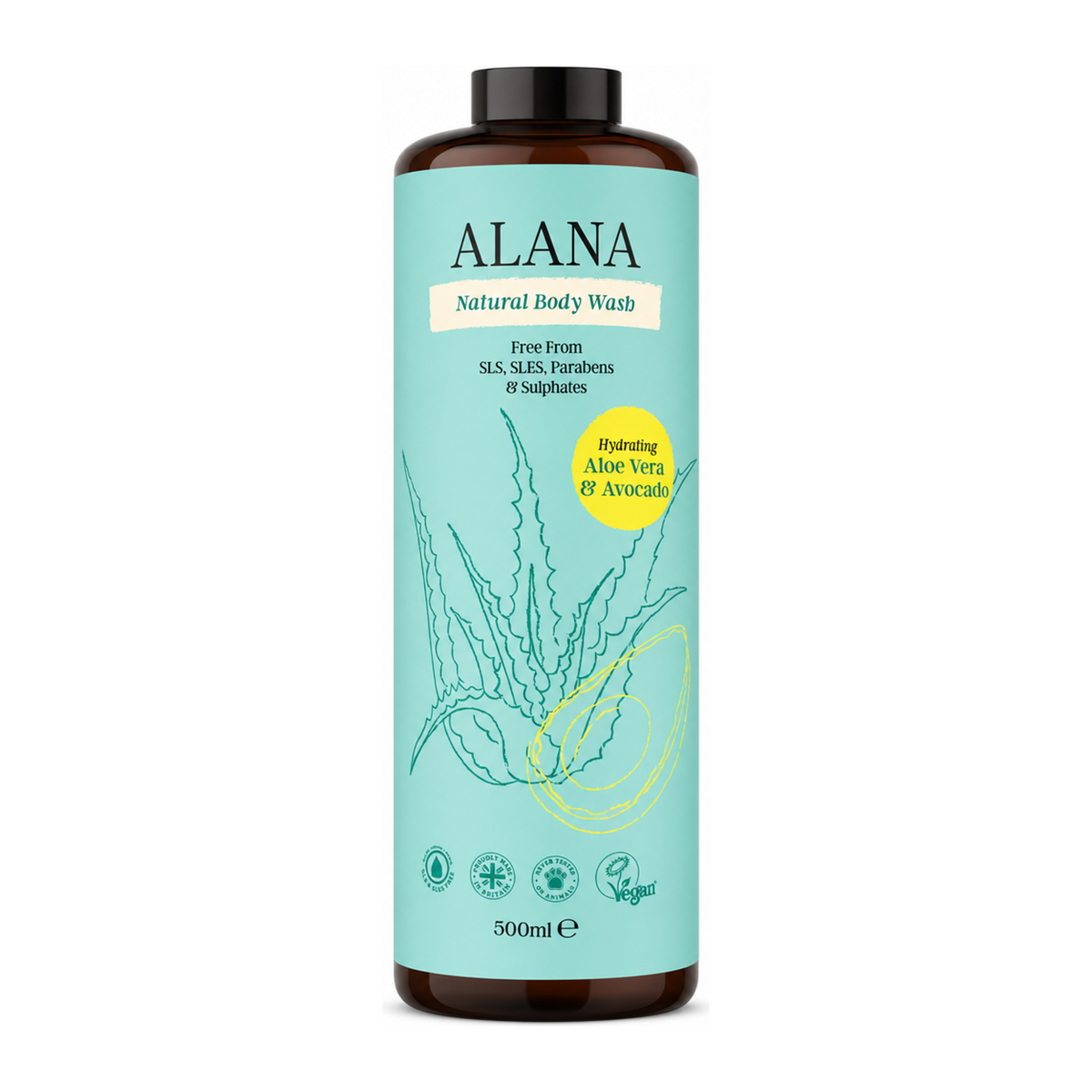 Alana Aloe Vera and Avocado Body Wash by Alana Natural Beauty — front view showing product label and branding, studio product photo on white background