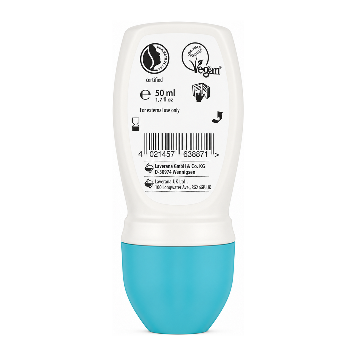 Lavera Basis Deodorant Roll On — back view showing ingredients and product details, studio product photo on white background