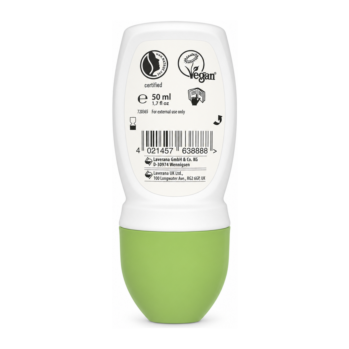Lavera Natural & Refresh Deodorant Roll On — back view showing ingredients and product details, studio product photo on white background