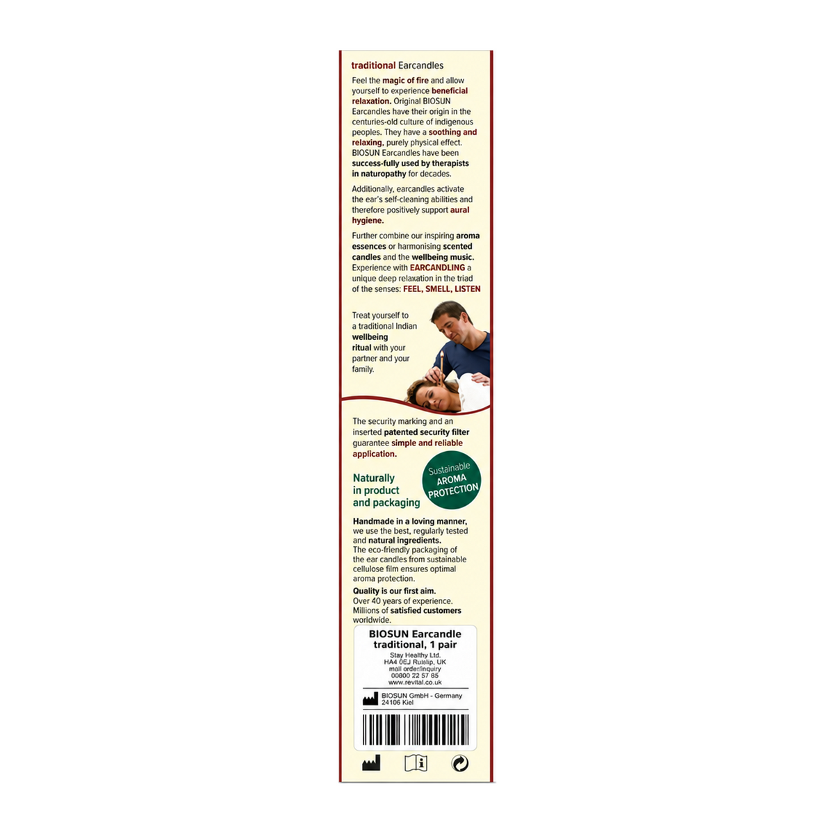 Biosun Traditional Earcandles 1 Pair — back view showing ingredients and product details, studio product photo on white background