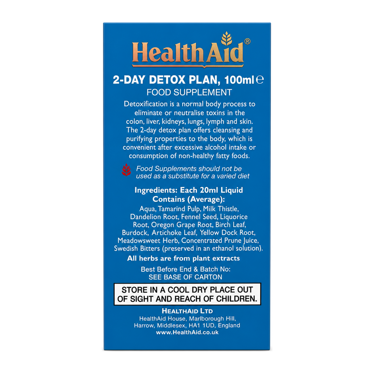 HealthAid 2-Day Detox Plan Liquid — back view showing ingredients and product details, studio product photo on white background