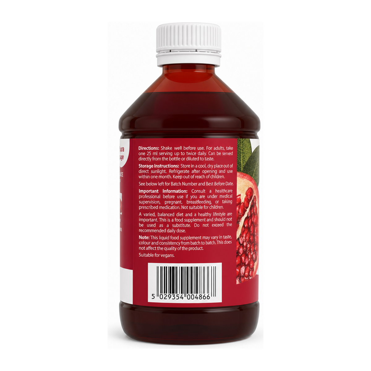 Aloe Pura Pomegranate Juice — back view showing ingredients and product details, studio product photo on white background