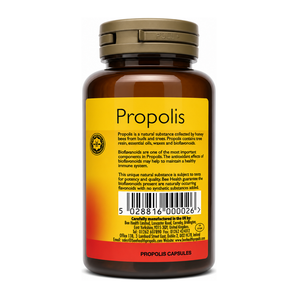 Bee Health Propolis Capsules 30 x 1000mg — back view showing ingredients and product details, studio product photo on white background