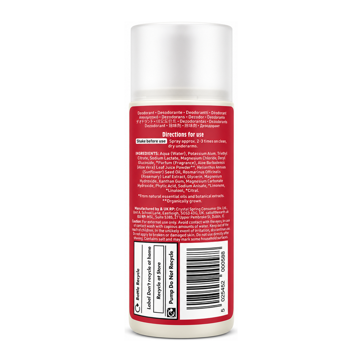 Salt Of the Earth Rock Chick Sweet Strawberry Natural Deodorant Spray for Girls — back view showing ingredients and product details, studio product photo on white background
