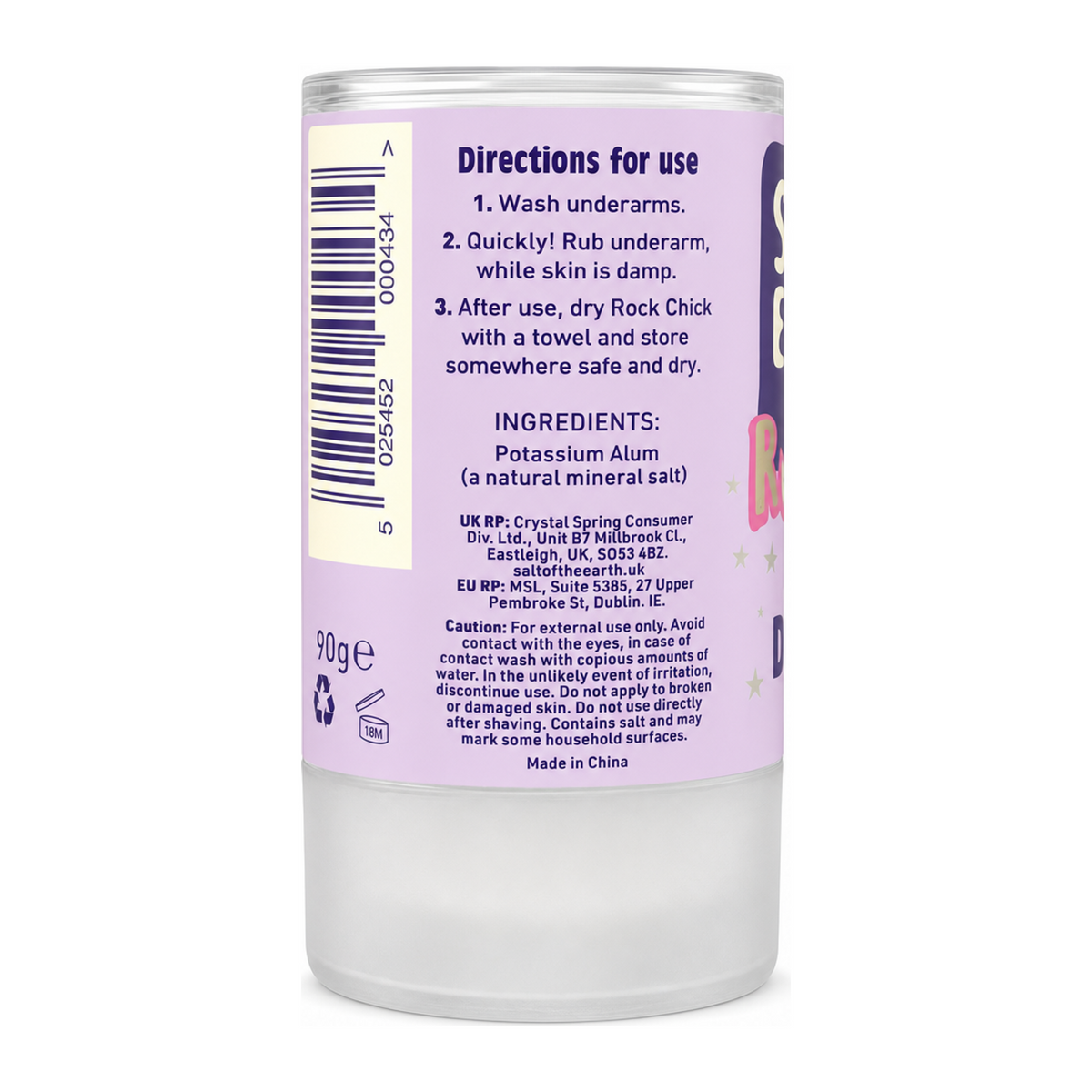 Salt Of the Earth Natural deodorant stick for kids - safe gentle and effective — back view showing ingredients and product details, studio product photo on white background