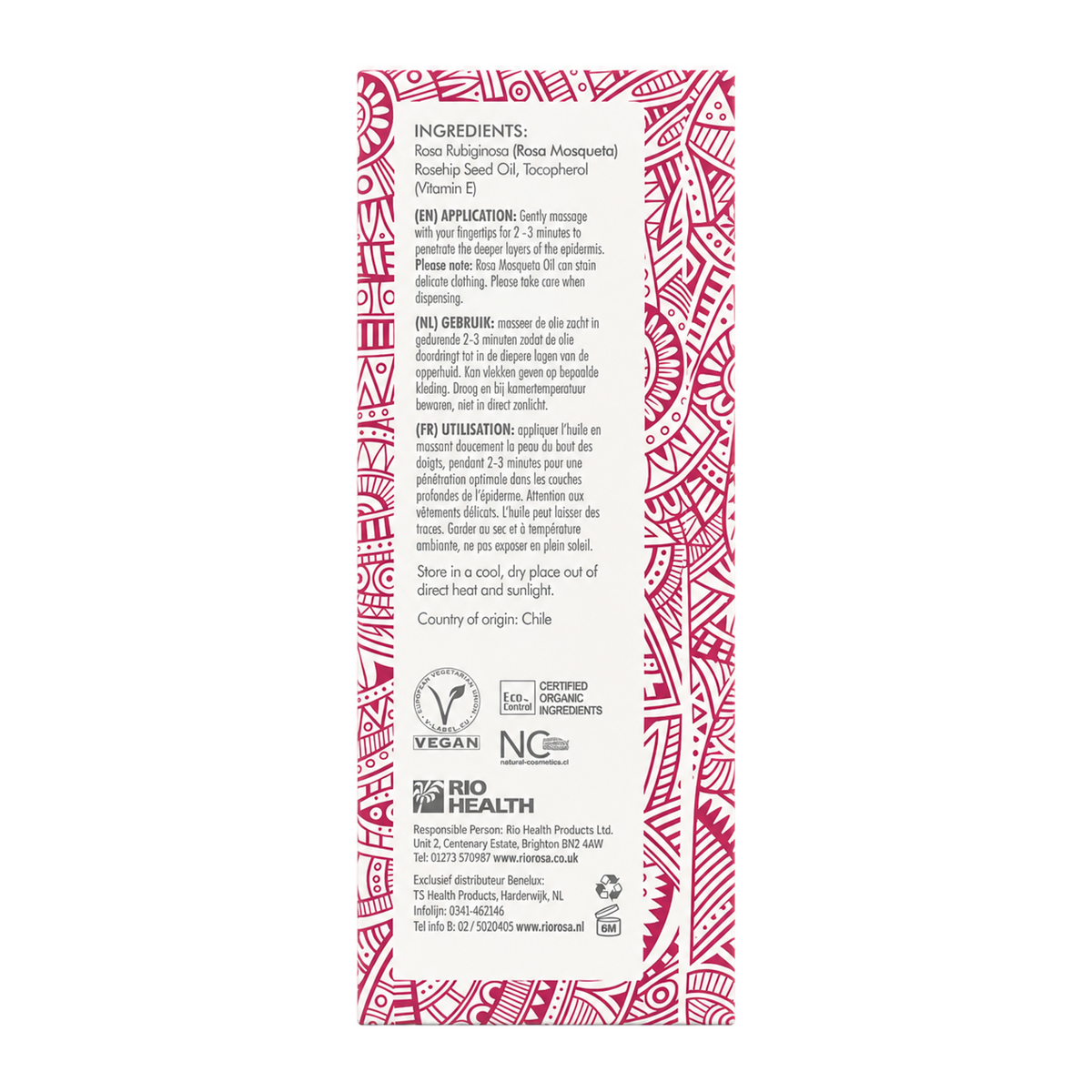 Rio Amazon Rosa Mosqueta Oil — back view showing ingredients and product details, studio product photo on white background