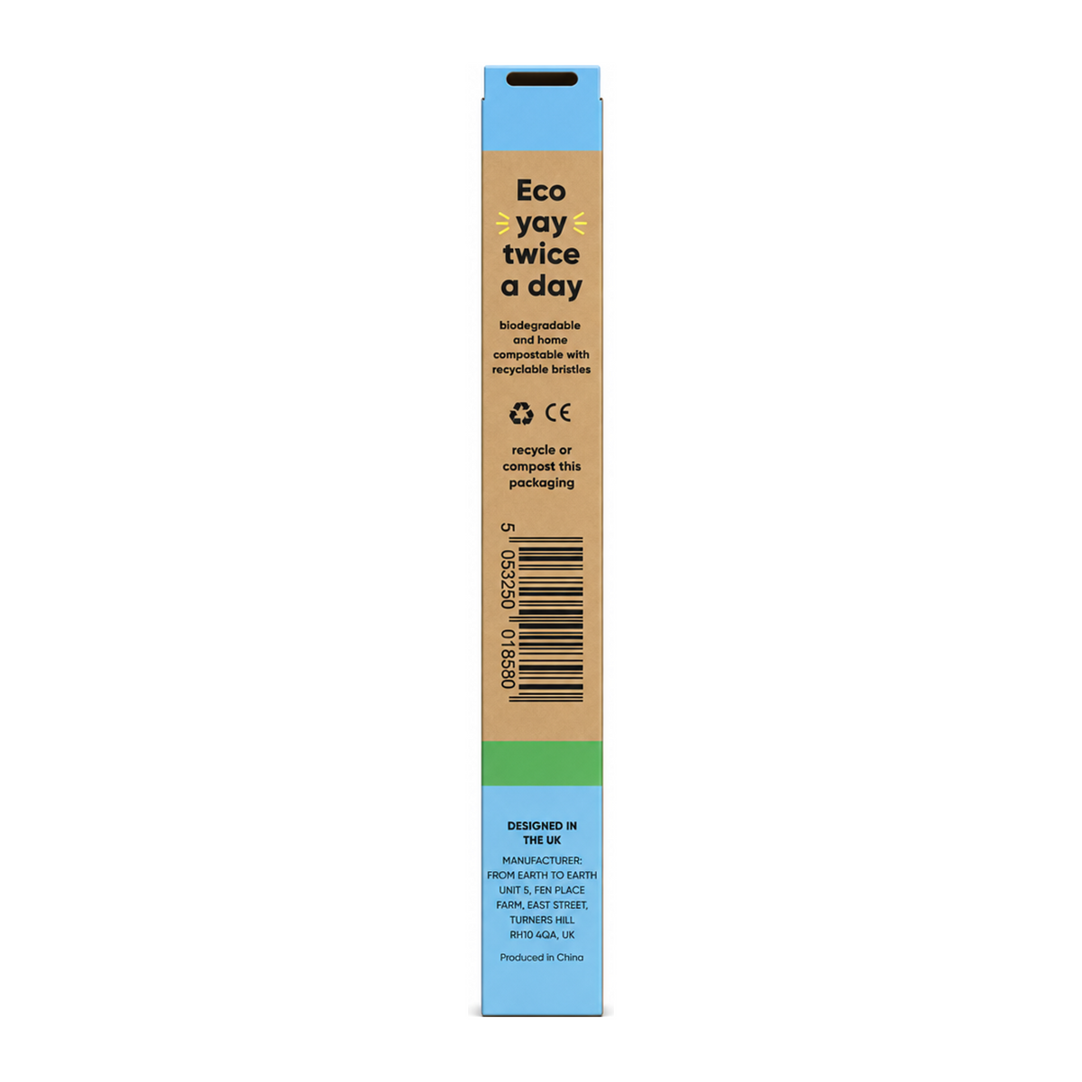 From Earth to Earth Bamboo Toothbrush Blue Sky Soft — back view showing ingredients and product details, studio product photo on white background
