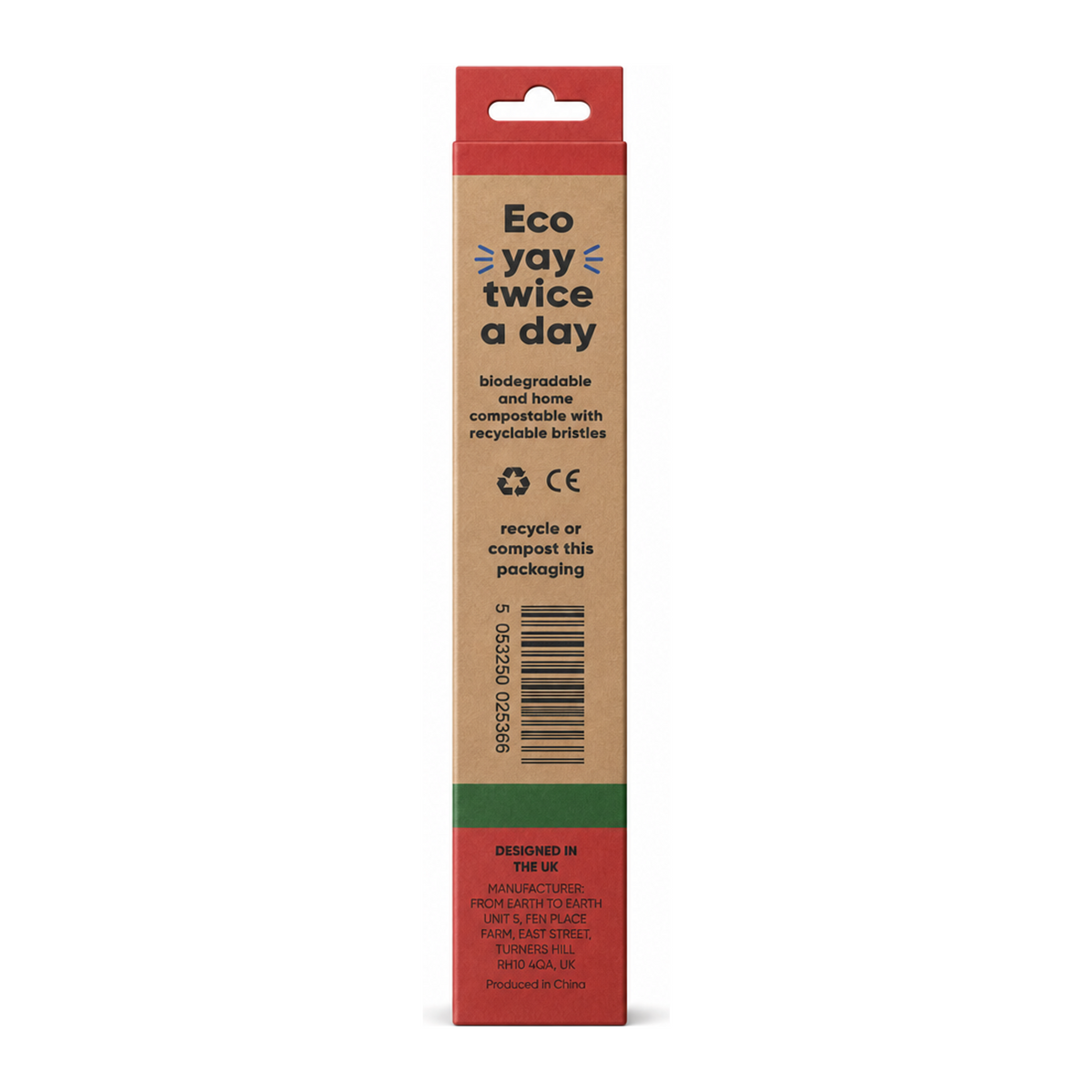 From Earth to Earth Bamboo Toothbrush Remarkable Red - Red Child 1 Unit — back view showing ingredients and product details, studio product photo on white background
