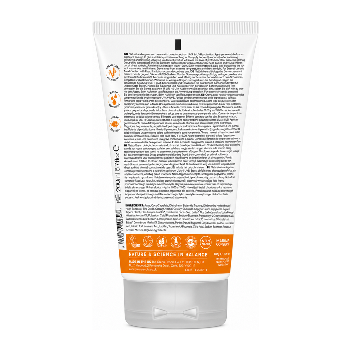 Green People Sun Lotion SPF30 Scent Free Travel Size — back view showing ingredients and product details, studio product photo on white background