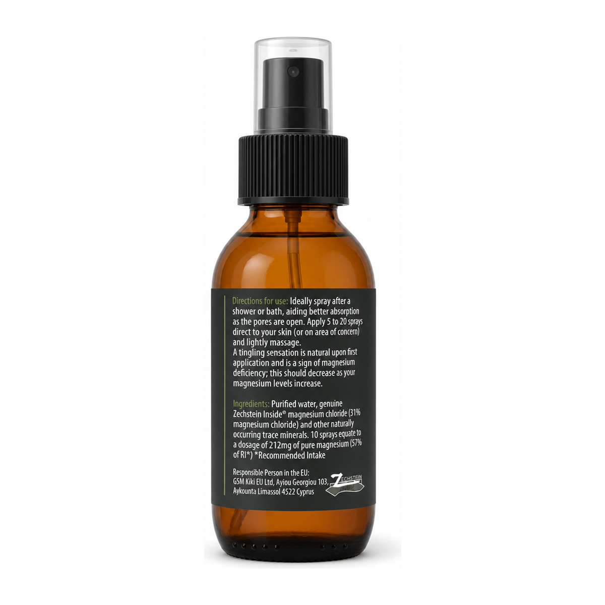 KIKI Health Magnesium Oil Spray — back view showing ingredients and product details, studio product photo on white background