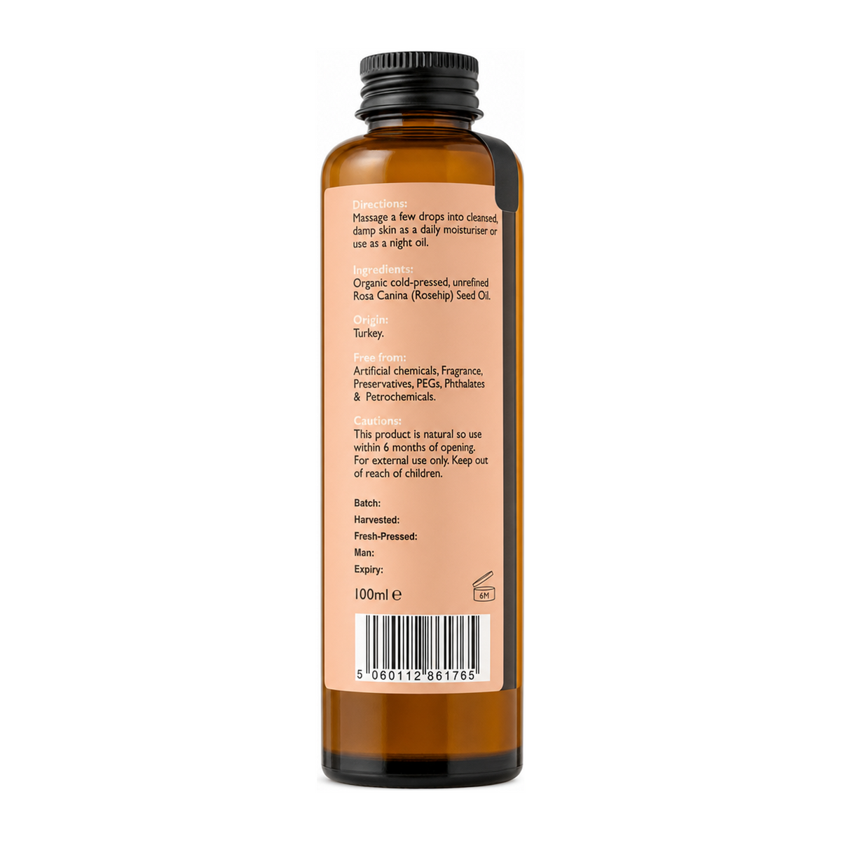 Fushi Wellbeing Rosehip Seed Oil Organic — back view showing ingredients and product details, studio product photo on white background