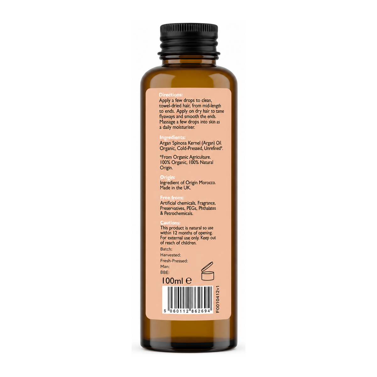 Fushi Wellbeing Organic Argan Oil — back view showing ingredients and product details, studio product photo on white background