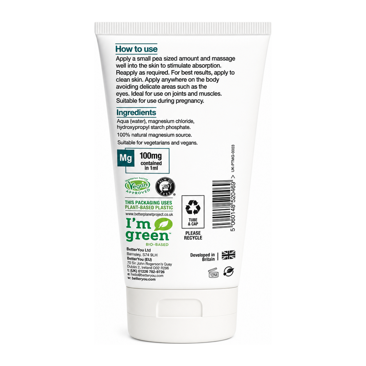 BetterYou Magnesium Gel — back view showing ingredients and product details, studio product photo on white background