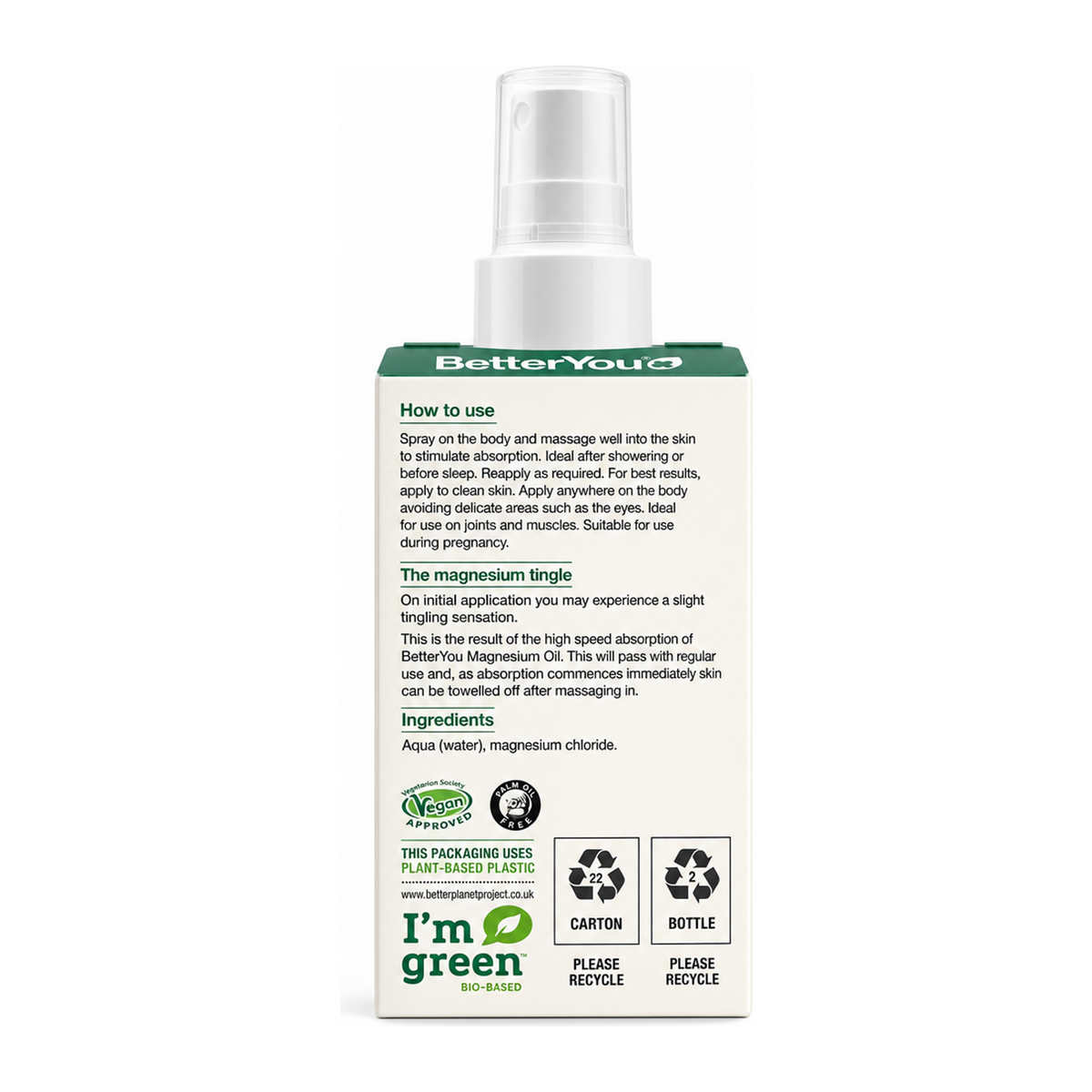 BetterYou Magnesium Oil Sensitive Spray — back view showing ingredients and product details, studio product photo on white background