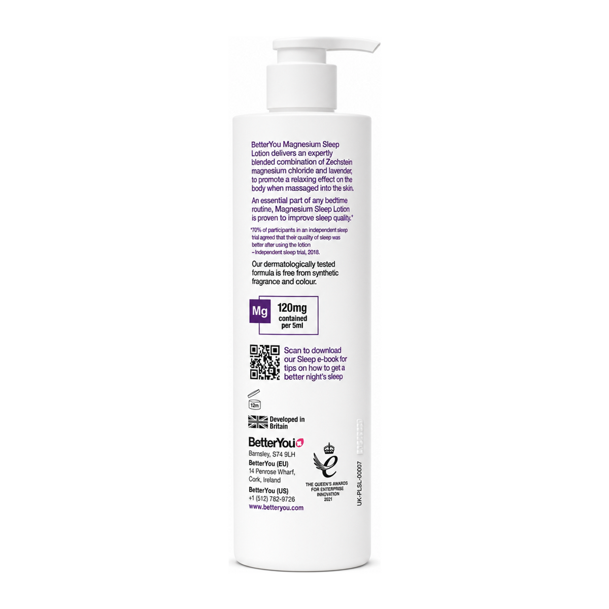 BetterYou Magnesium Sleep Lotion — back view showing ingredients and product details, studio product photo on white background