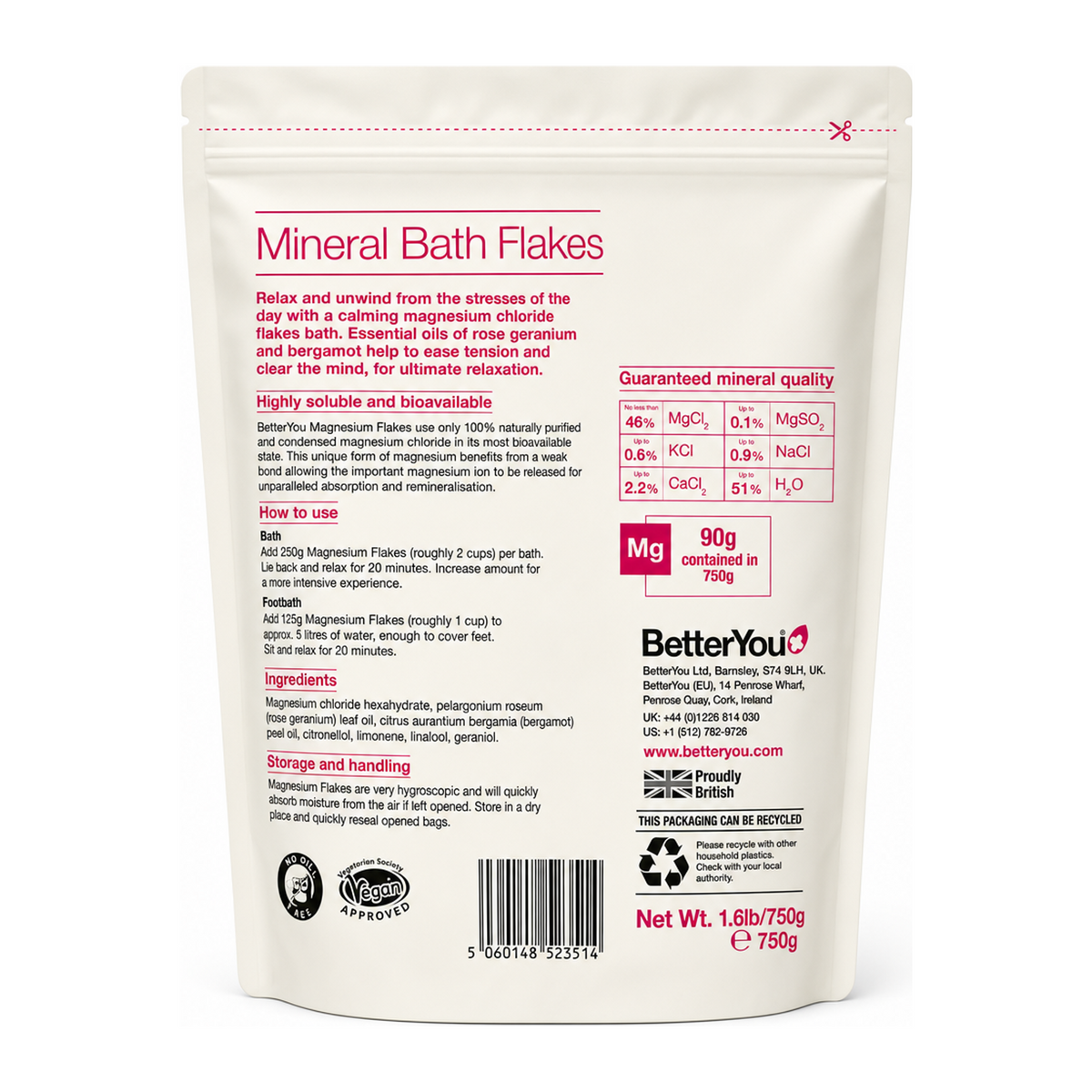 BetterYou Magnesium Flakes Relax — back view showing ingredients and product details, studio product photo on white background
