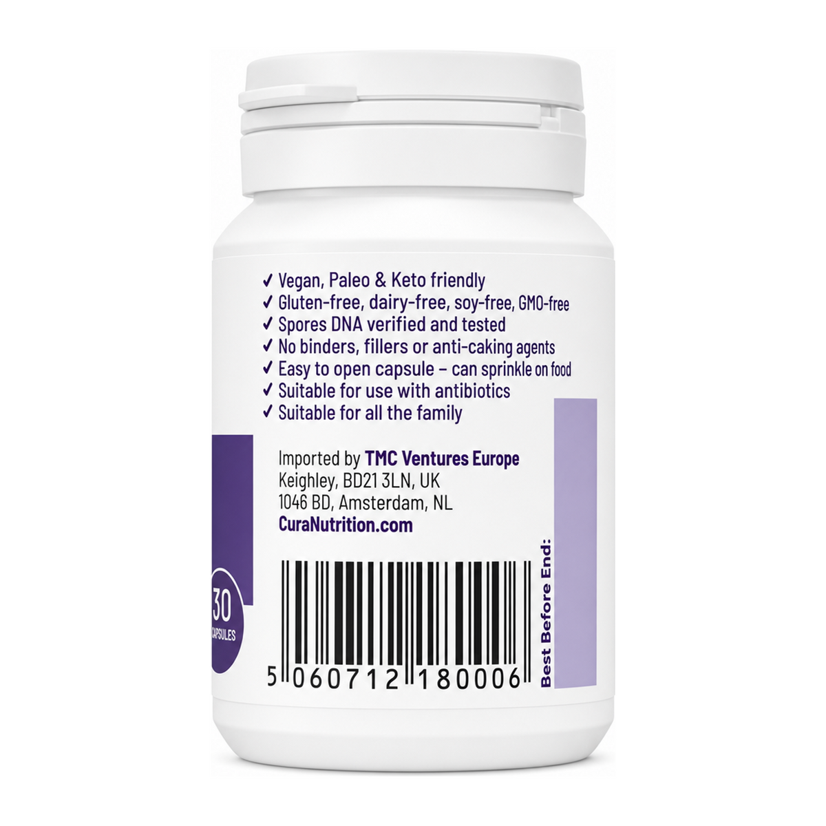 Cura Sporebiotics 30 Caps — back view showing ingredients and product details, studio product photo on white background