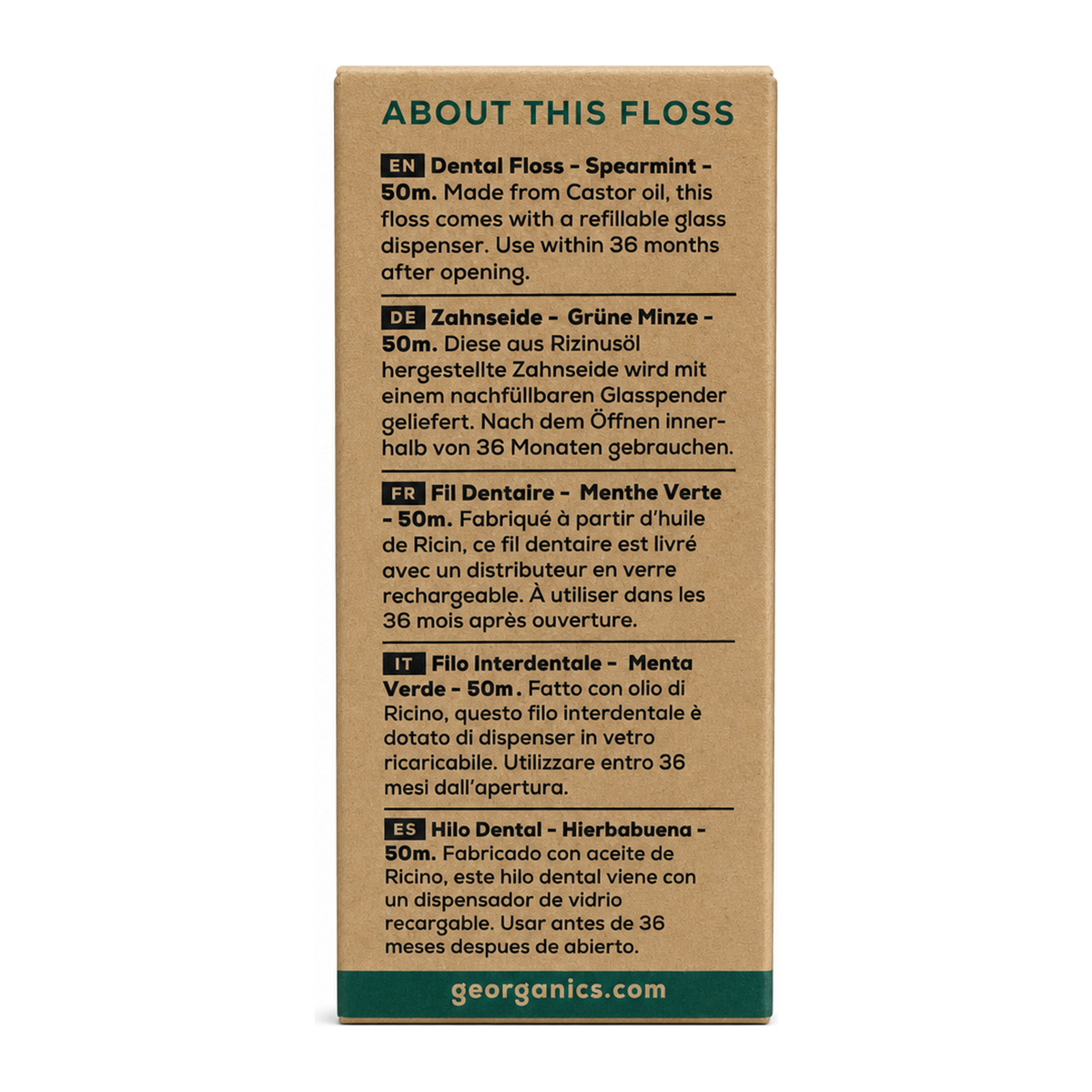 Georganics Dental Floss with Canister - Peppermint 50m — back view showing ingredients and product details, studio product photo on white background