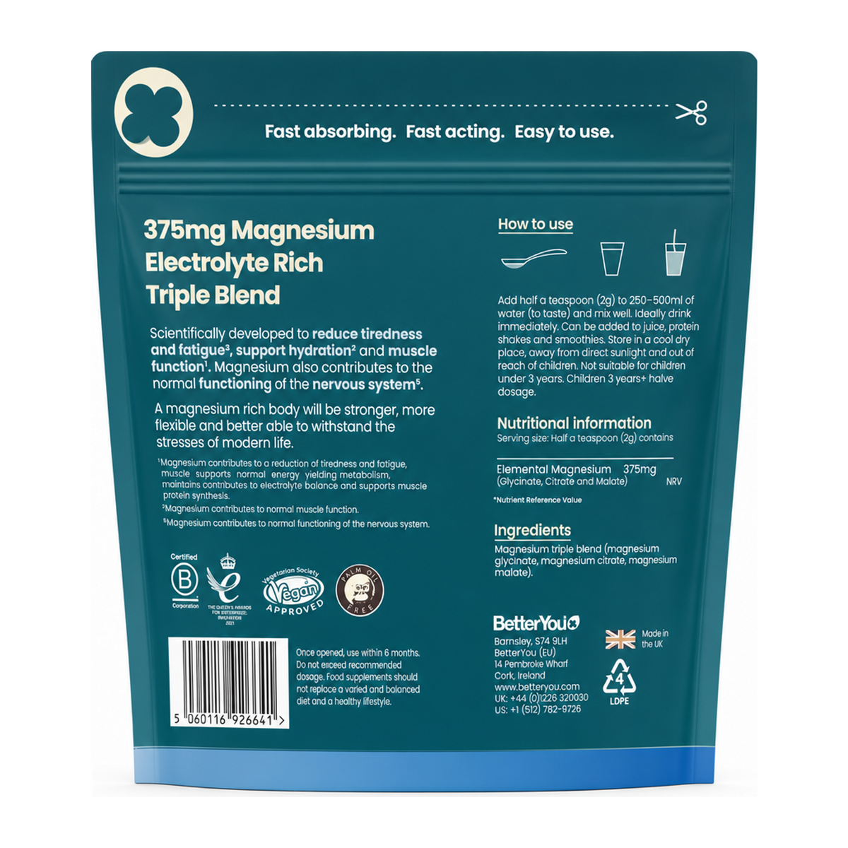 BetterYou Magnesium Max Original Powder 126g — back view showing ingredients and product details, studio product photo on white background