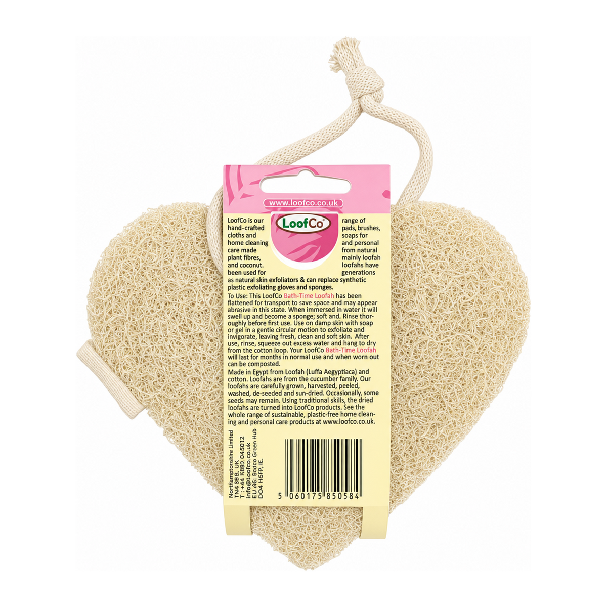 LoofCo Bath-Time loofah heart shape plastic free — back view showing ingredients and product details, studio product photo on white background