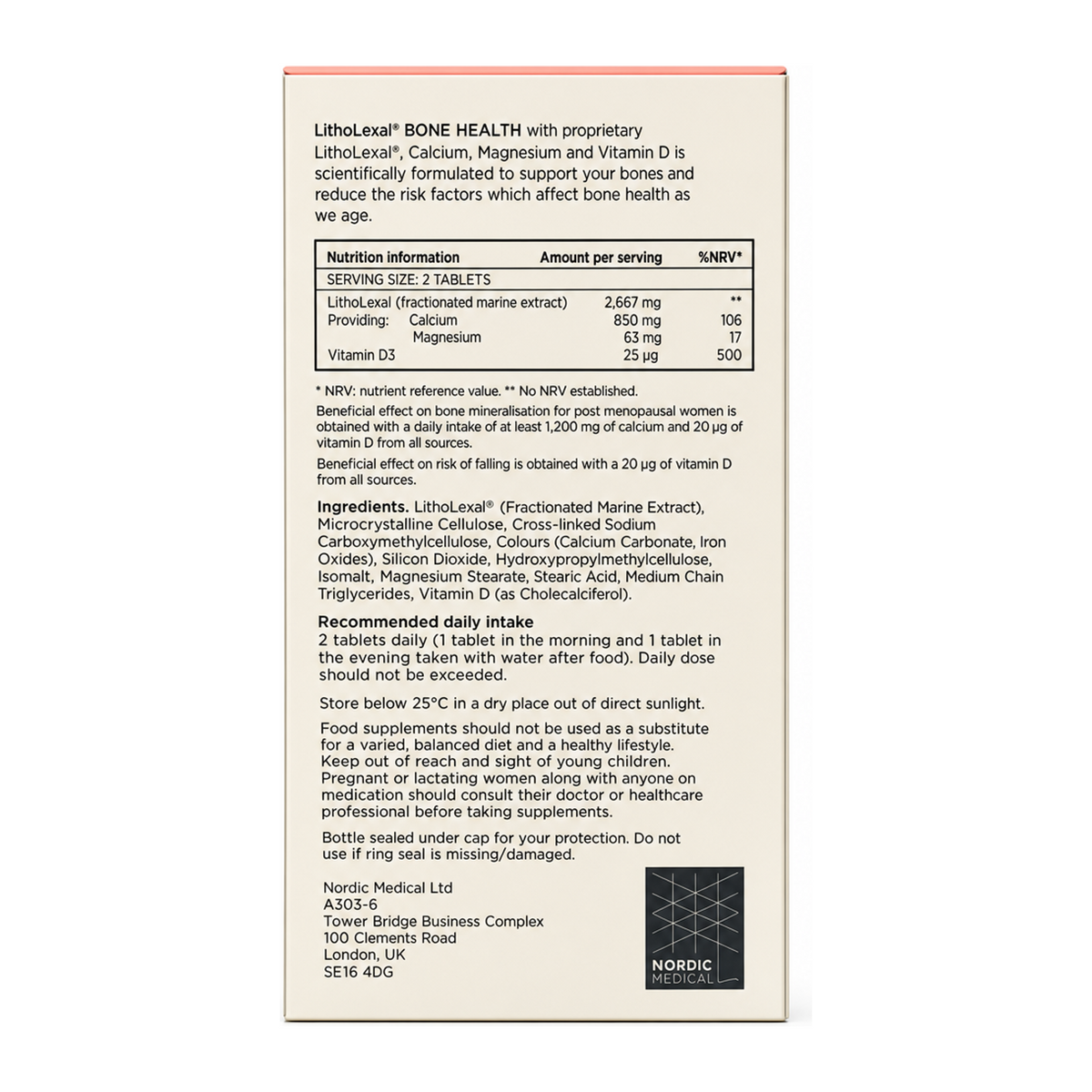 LithoLexal Bone Health OSTEOPOROTIC 60 Tablets — back view showing ingredients and product details, studio product photo on white background
