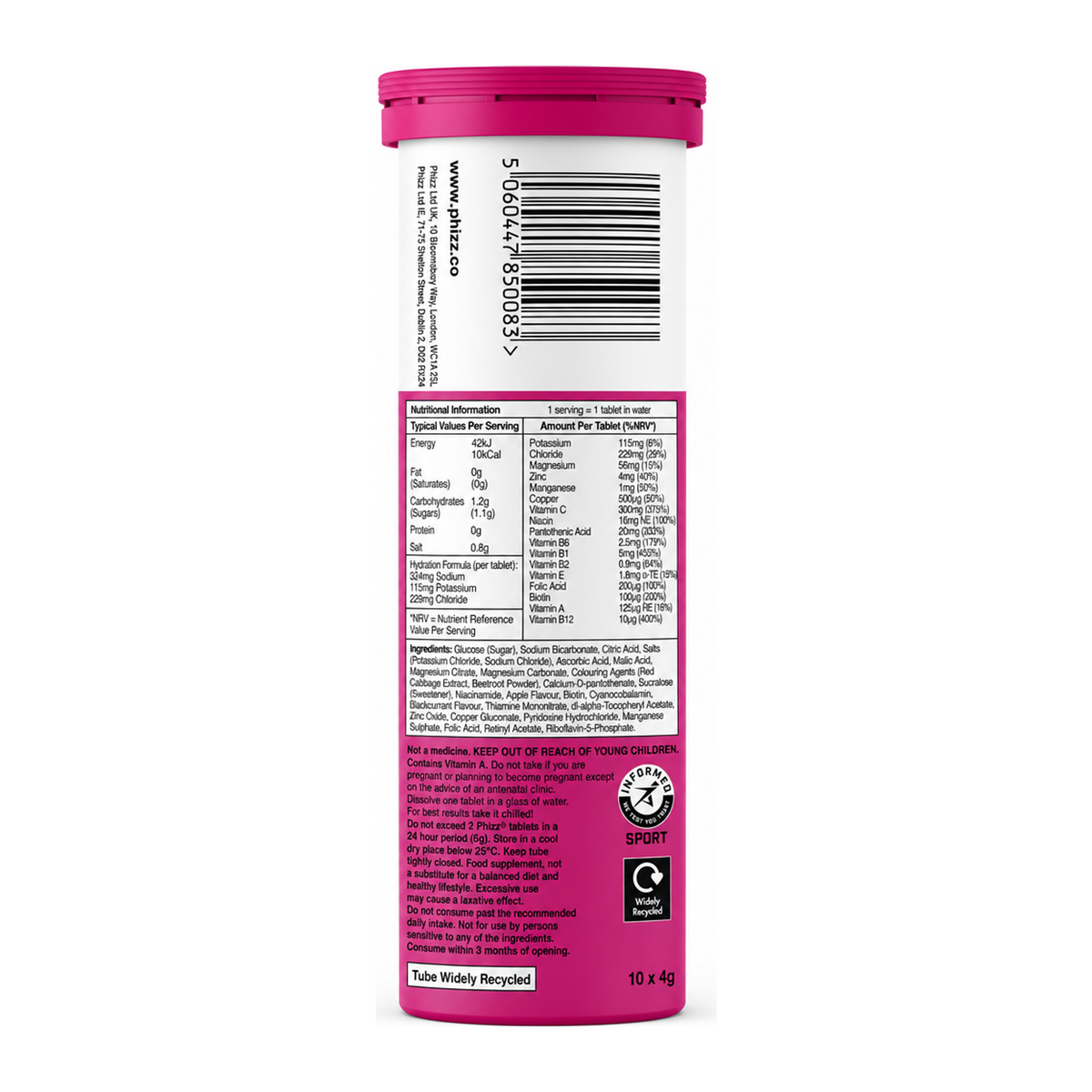 Phizz 3in1 Hydration Electrolytes Vitamins - App&Bcurrant - 10 Tabs — back view showing ingredients and product details, studio product photo on white background