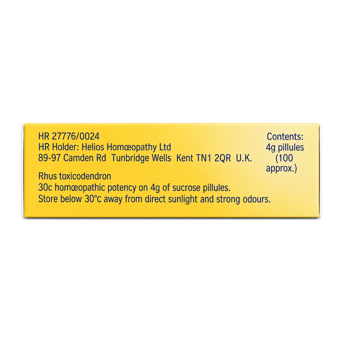 Helios RHUS TOX 30c — back view showing ingredients and product details, studio product photo on white background